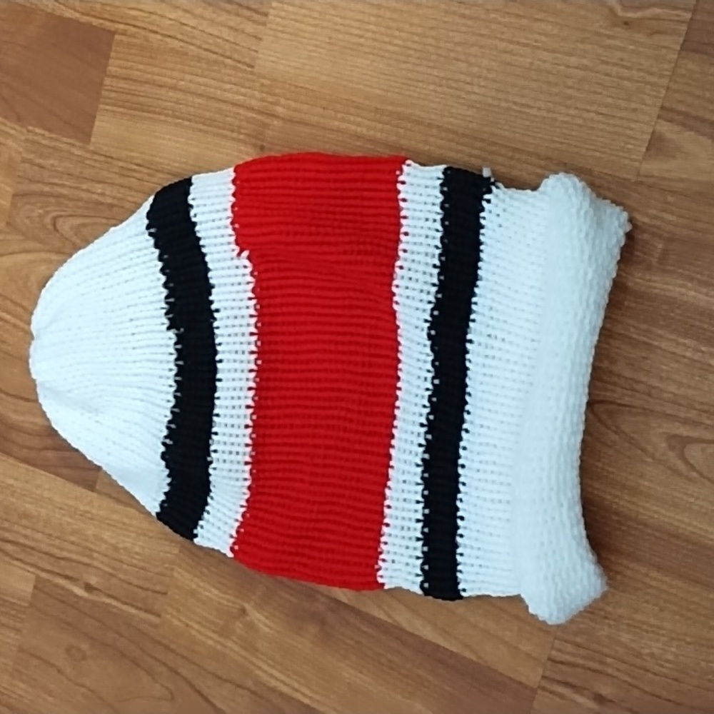 Colorful Knit Beanie White Red Black stripes Long Winter Ski Hat